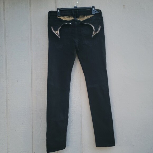 Robins jeans black embroidered wing with embellished flap pockets Mens sz 36 - Picture 2 of 4
